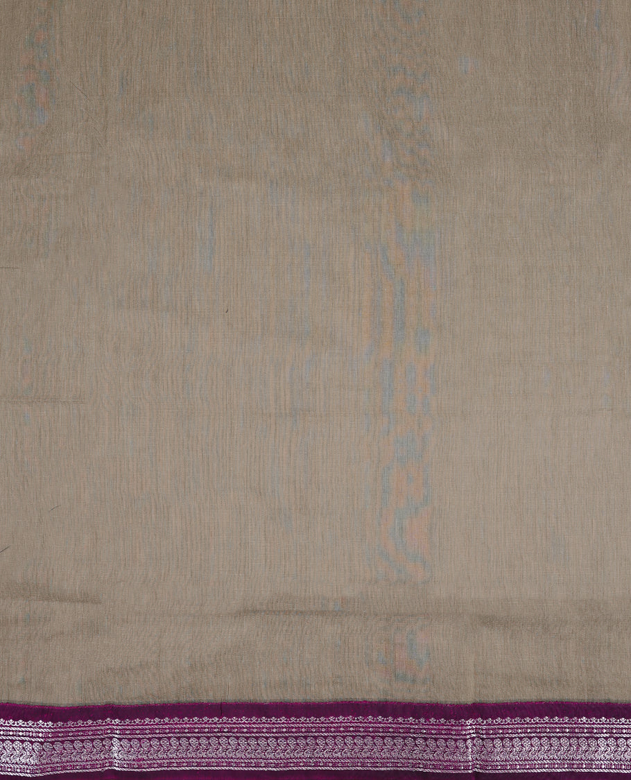 Grey colour mixed Kalyani cotton saree featuring Plain body, paired with a purple colour traditional border and pallu, with matching blouse