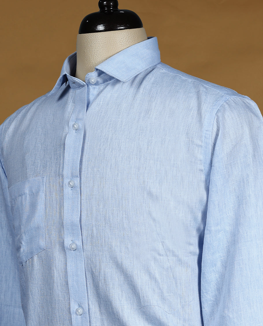 Sky blue Pcolour men's formal shirt, crafted with a soft textured finish featuring full sleeves, classic collar, and chest pocket ideal for office and semi formal occasions
