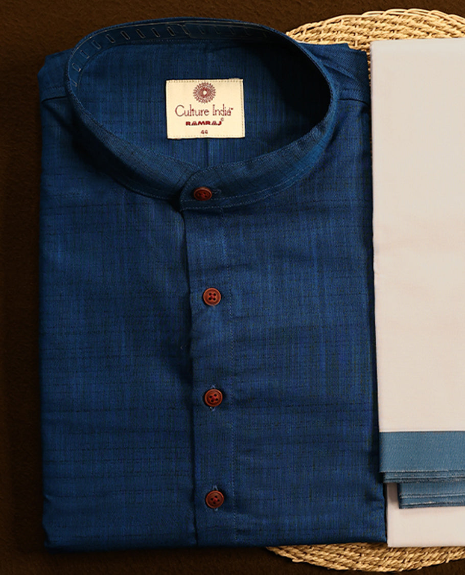 RAMRAJ Blue kurtha paired with a white dhoti, elegantly finished with a matching Blue border.