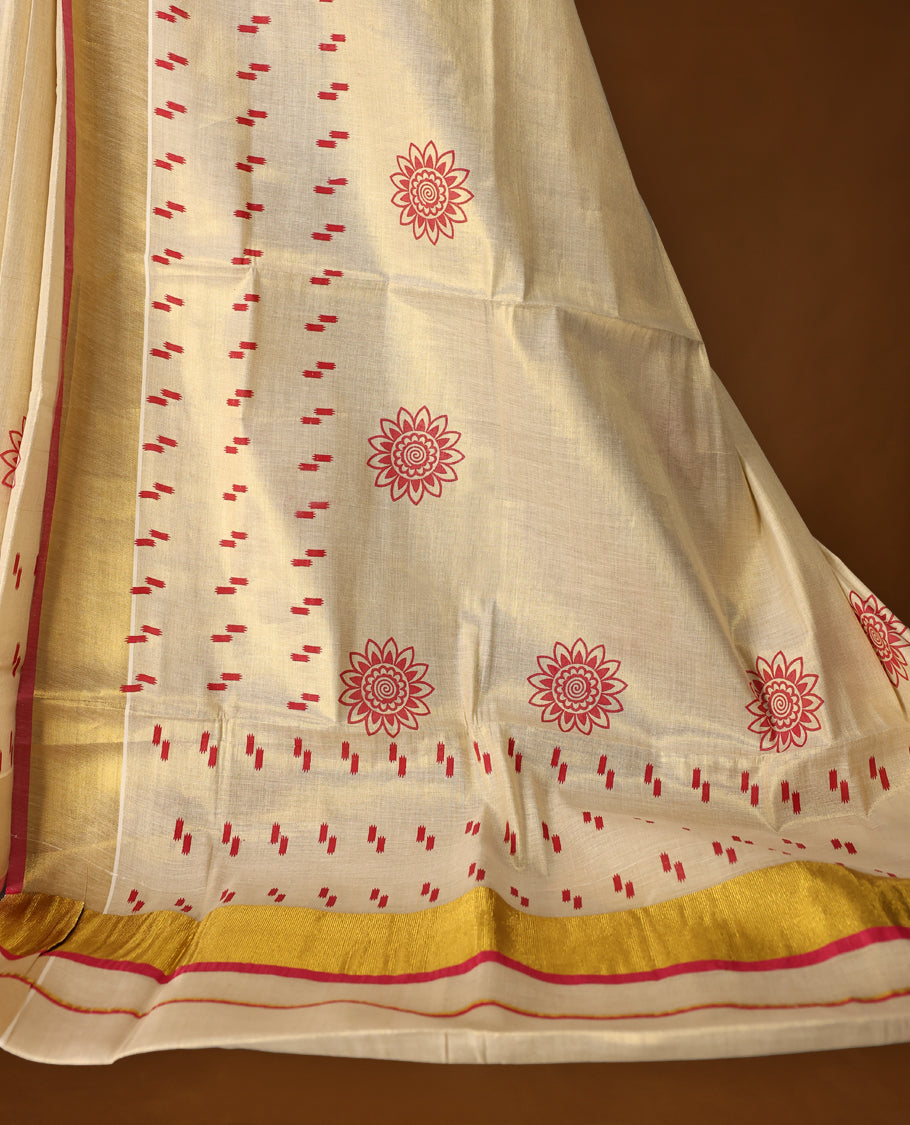 Elegant handloom soft tissue kerala saree in cream with gold zari border and pink detailing,Adorned with floral motifs and subtle stripes, paired with a matching blouse,perfect for festive and traditional occasions.
