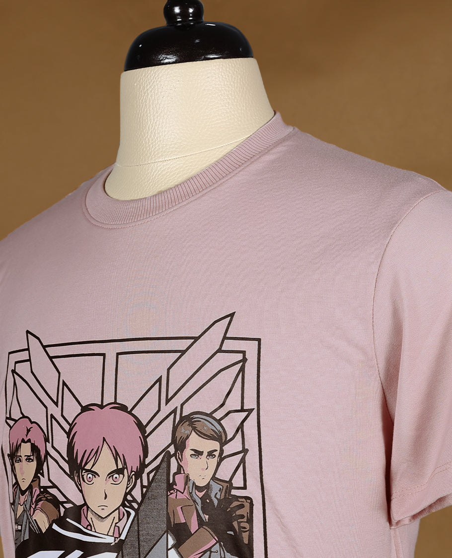 Pink colour men's T shirt featuring bold anime character print with Japanese text, made from soft fabric with half sleeves and a crew neck for a stylish and comfortable fit