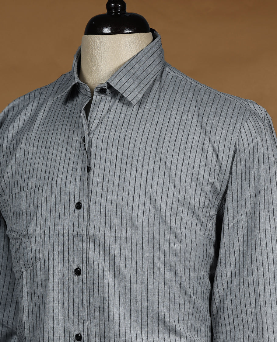 Grey striped cotton formal shirt by Peter England featuring full sleeves, a classic spread collar, and a front button closure crafted for a polished, professional look with all day comfort.