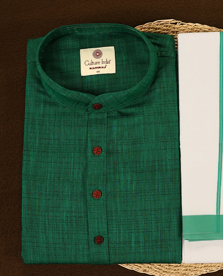 Dark green short kurta and white dhoti set featuring a matching green zari border designed for a graceful and ethnic appearance perfect for festive and traditional occasions