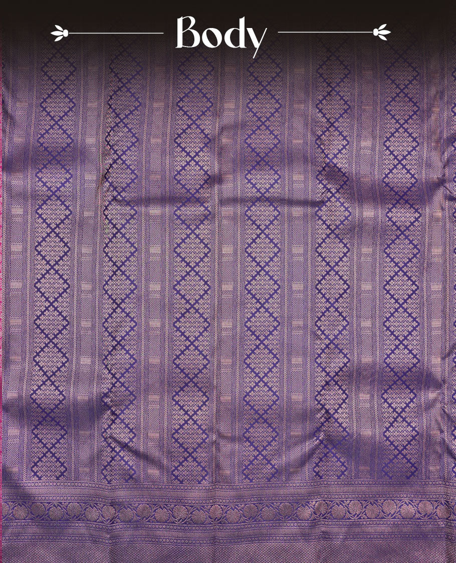 Dark violet colour Kanchipuram pattern Manthrakodi saree adorned with intricate geometrical zari floral weaving, complemented by an antique traditional zari border and a plain blouse piece with matching zari border.