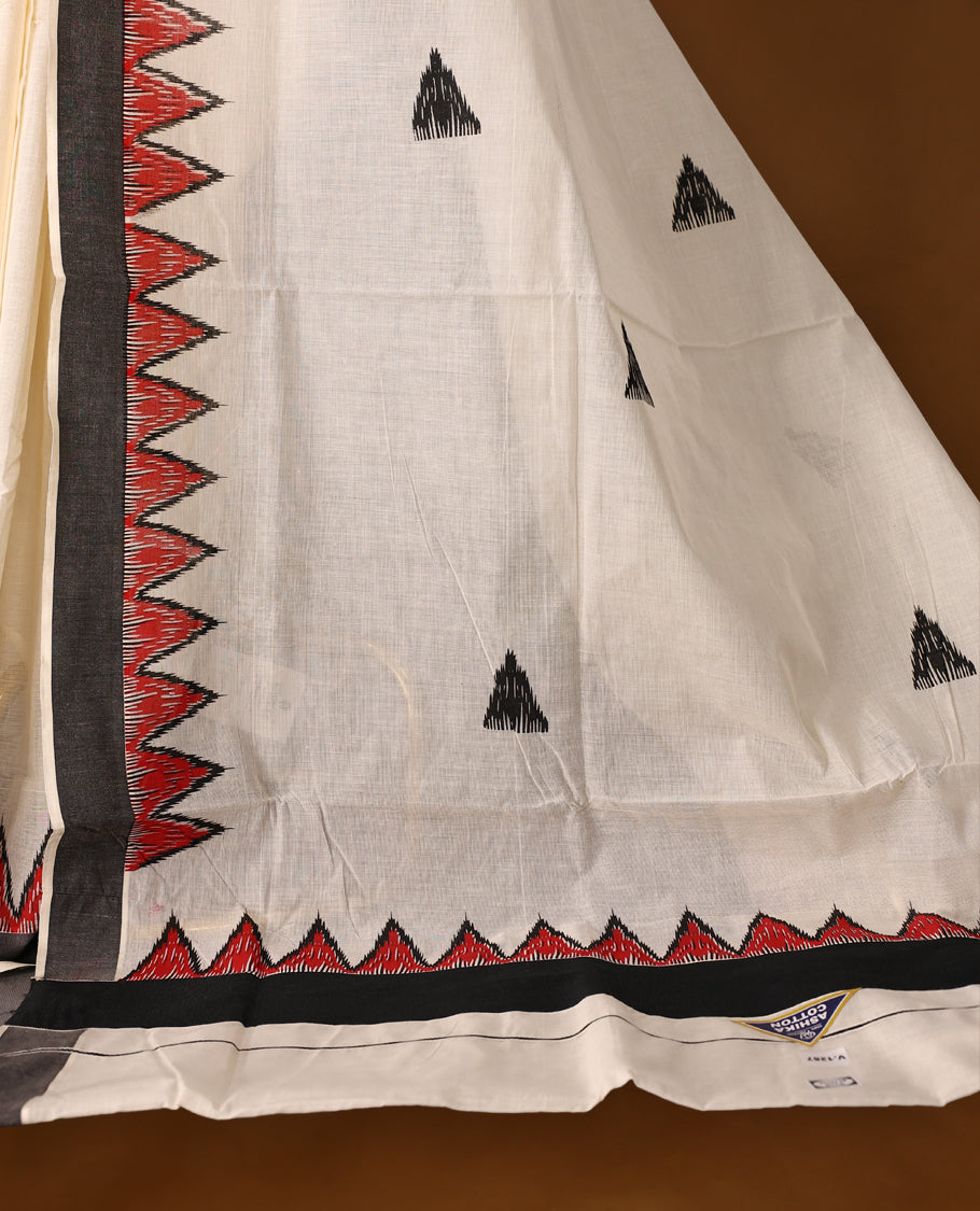 Elegant off white colour cotton Kerala saree featuring Plain body, Black colour border with red Colour temple designs, Paired with matching blouse offering a classic and graceful look, paired with a matching blouse.