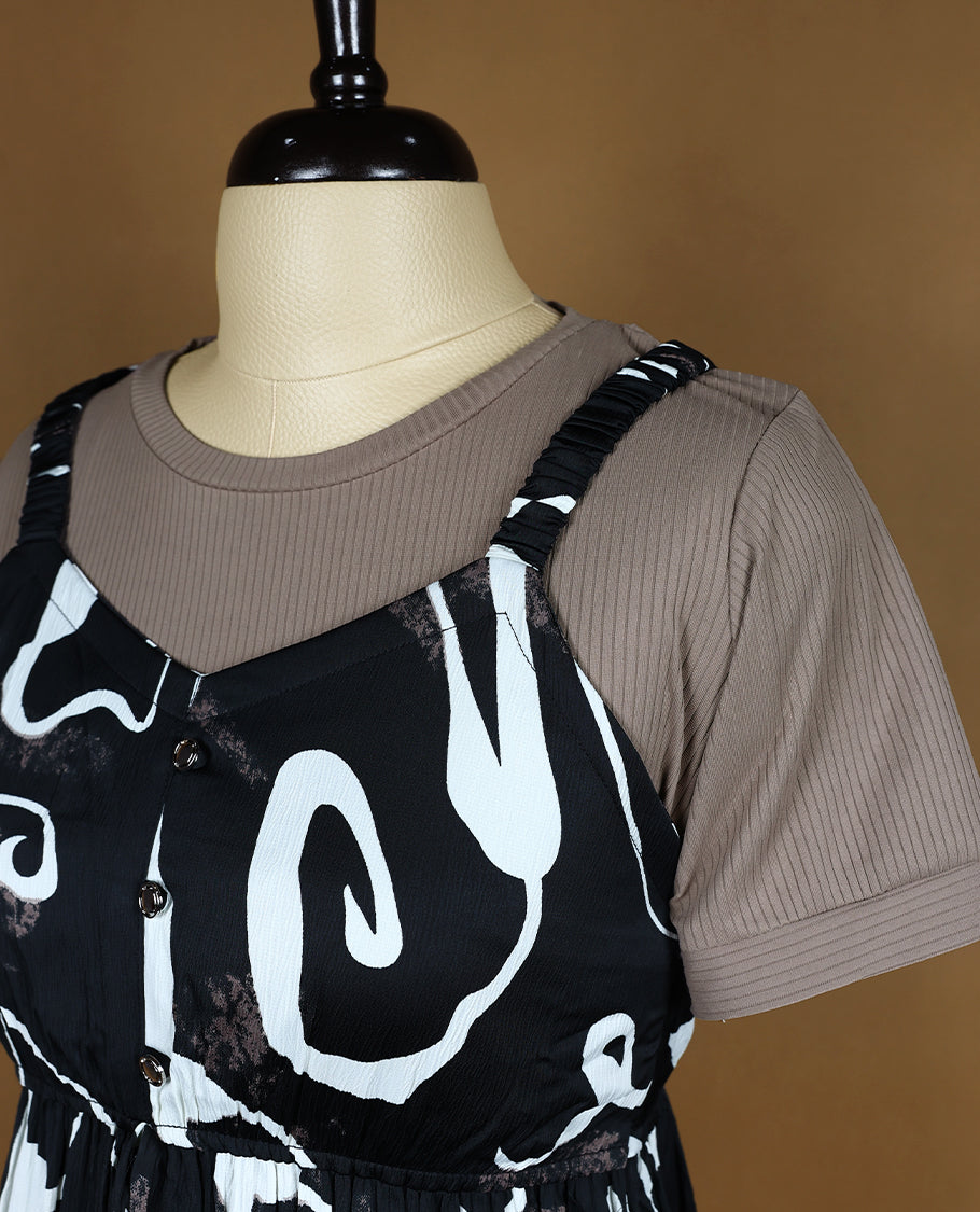 Black Colour Readymade Top with White Prints For Women with Short Sleeves