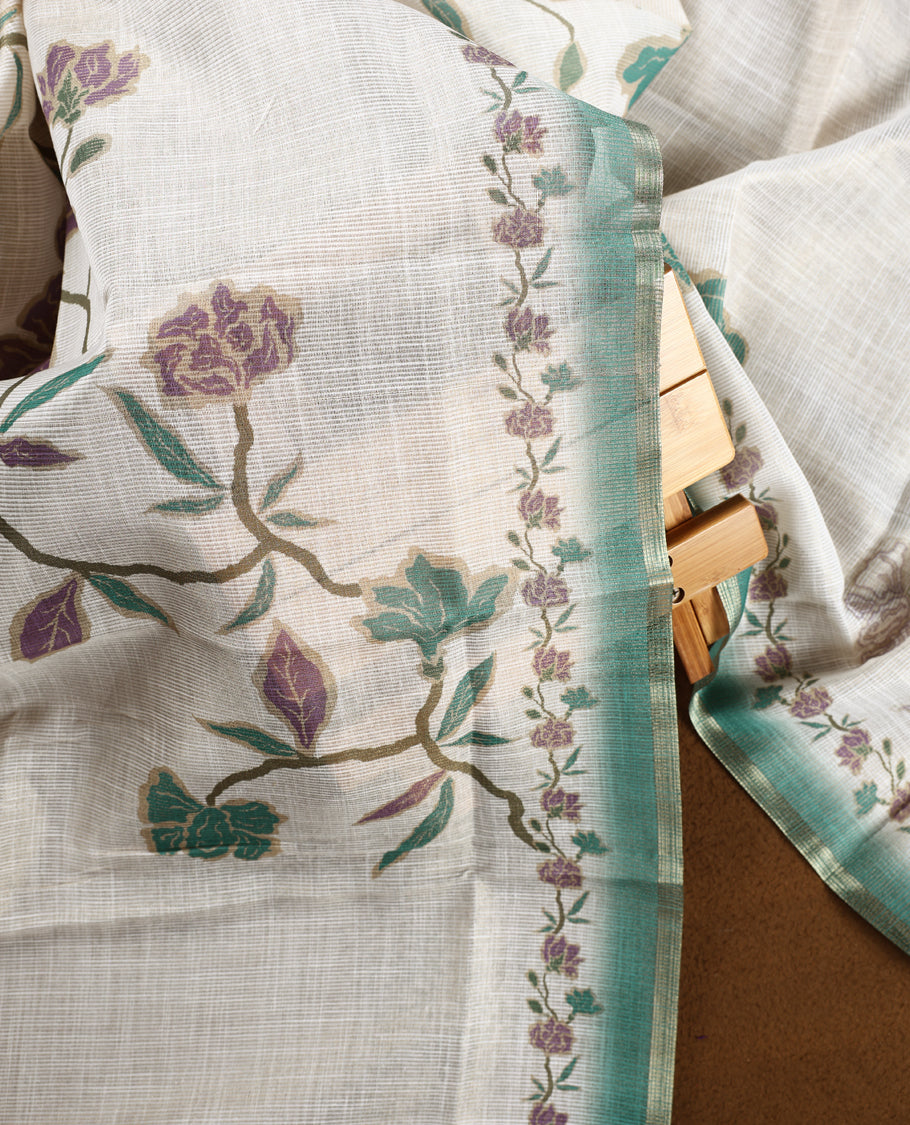 Beige & Sea green colour churidhar material with floral print enhanced by sewn glass beads on the body, paired with plain lavender bottom & floral print dupatta.
