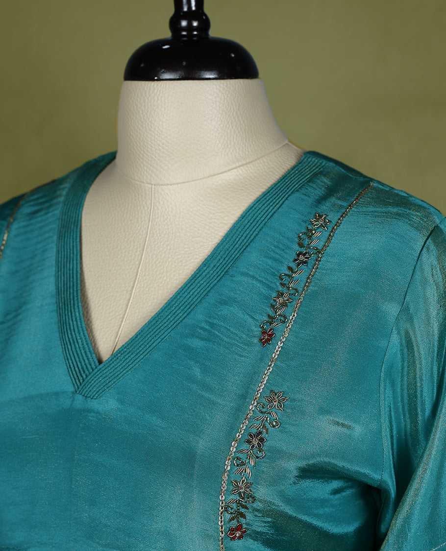 Dark Aqua coloured stylish kurthi without slit, featuring a V neck design adorned with intricate cut bead, sequin, and thread work, for women