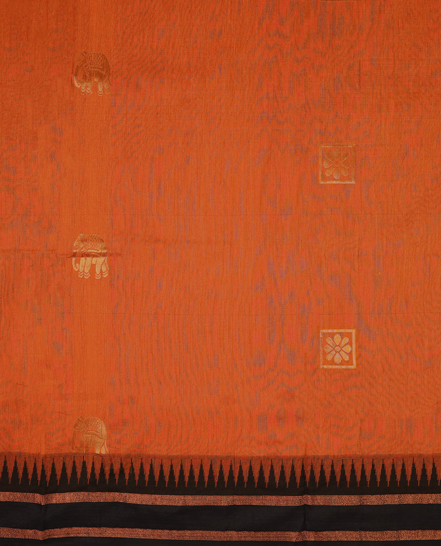 Rust Orange colour mixed Kalyani cotton saree featuring copper zari motifs throughout the body, paired with Pure Black colour traditional border and pallu, with matching blouse