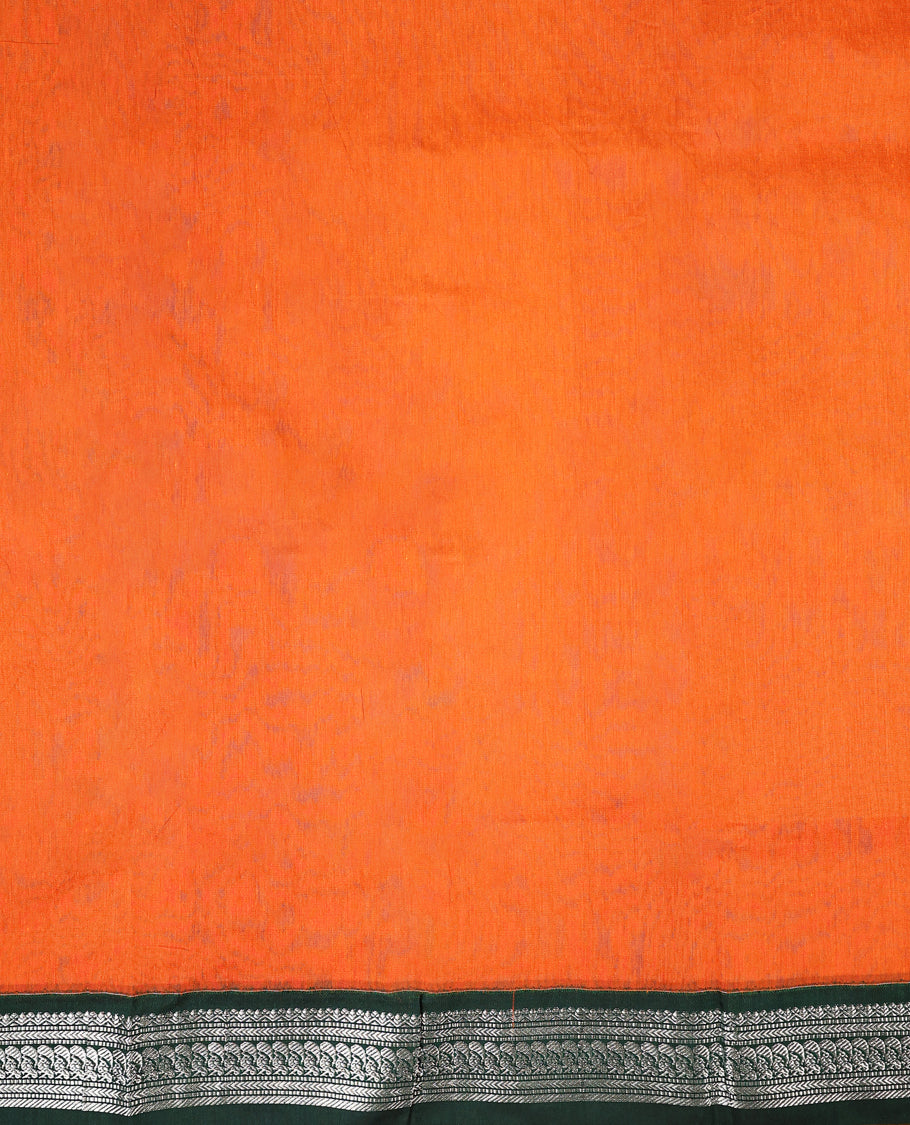 Rust Orange colour mixed Kalyani cotton saree featuring Plain body, paired with Bottle Green colour traditional border and pallu, with matching blouse