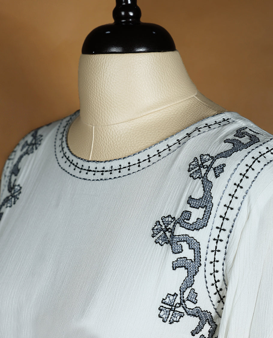 White Colour Readymade Top with Black Thread Work For Women with Sleeves