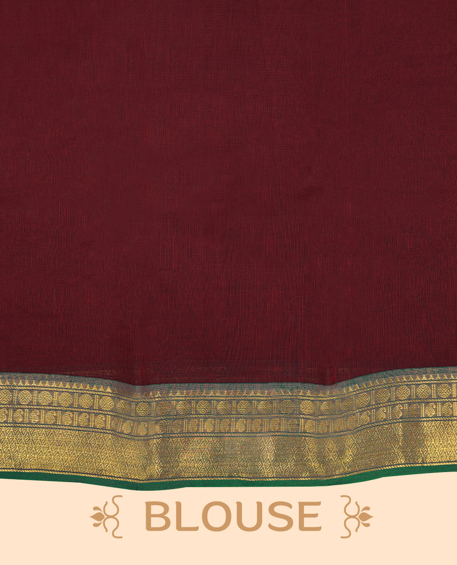 Maroon Colour Mixed Chettinad Cotton Saree having plain Body with Contrast Border and Self Coloured Blouse