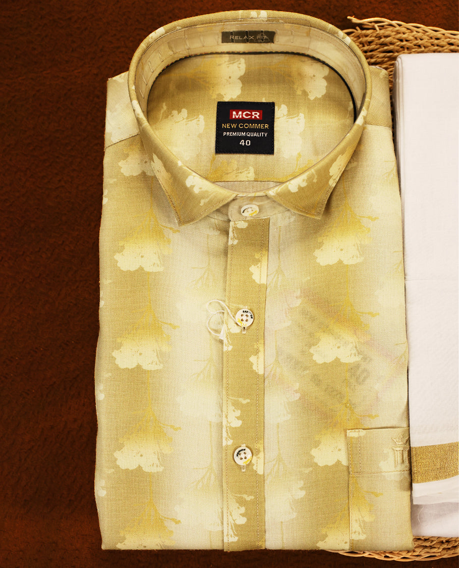 Deep Mustard colour MCR full sleeve shirt featuring all over abstract prints, paired with a white dhoti adorned with a rich golden zari kara and a matching deep Mustard printed border.