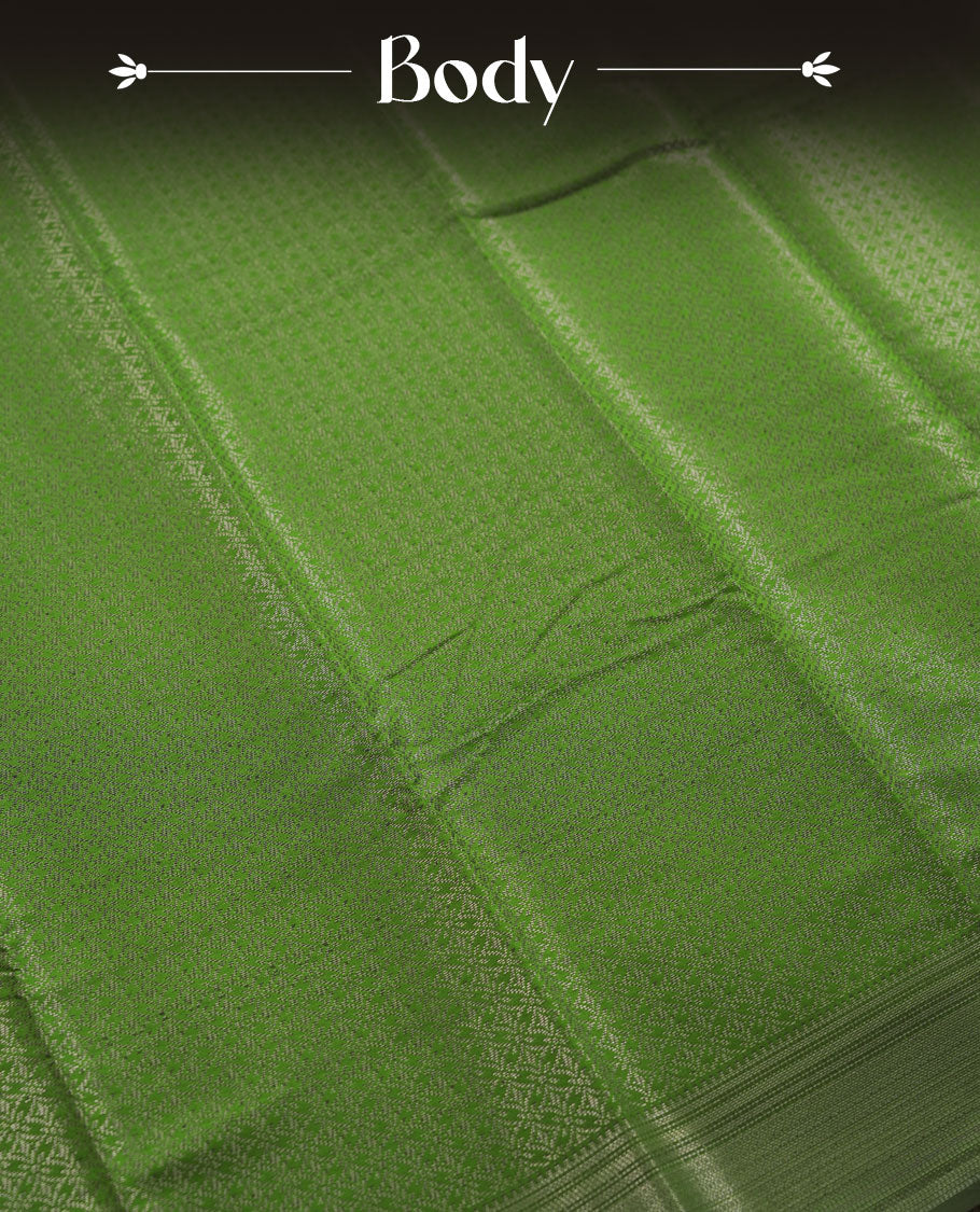 Green colour semi silk saree featuring neem zari Brocade geometric Pattern all over the body, complemented by a Self Colour woven border with detailing, Pallu & blouse.