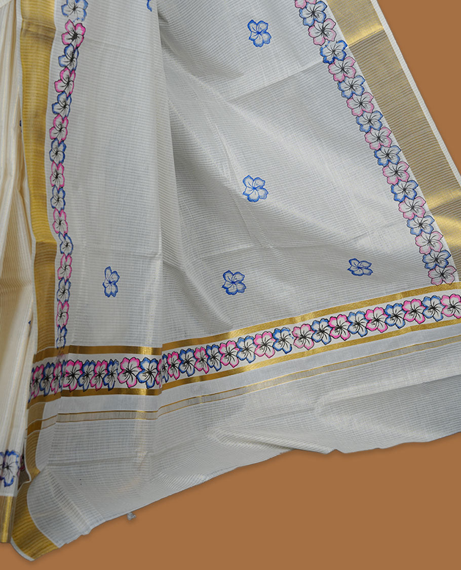 Off-white colour kerala saree featuring pink and purple colour floral border detailing with gold kasavu accents, complemented by a matching blouse piece.
