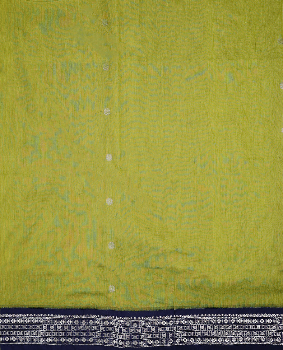 Lemon Green colour mixed Kalyani cotton saree featuring Silver zari Flower motifs throughout the body, paired with a Deep Navy Blue colour traditional border and pallu, with matching blouse