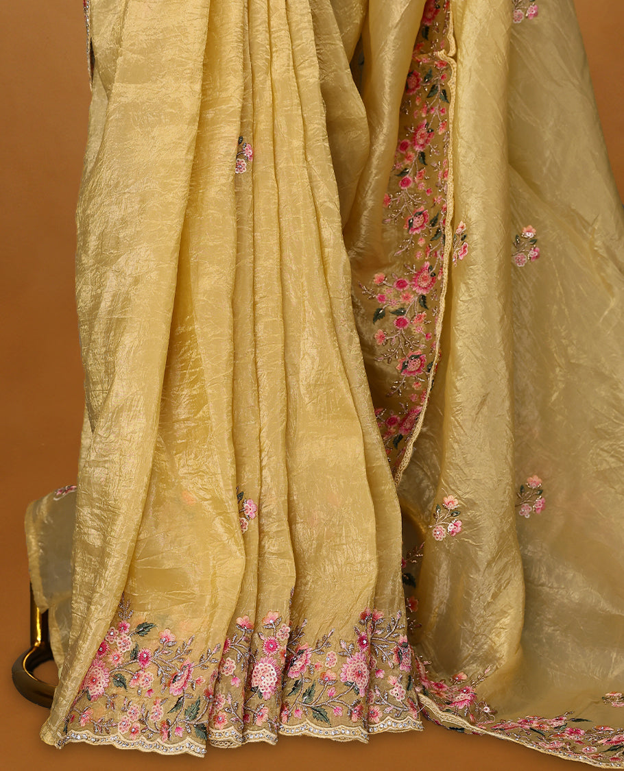 Mustard Gold Crush Soft Silk saree featuring Floral Thread Works on the body, complemented by delicate floral embroidery border and a matching blouse.