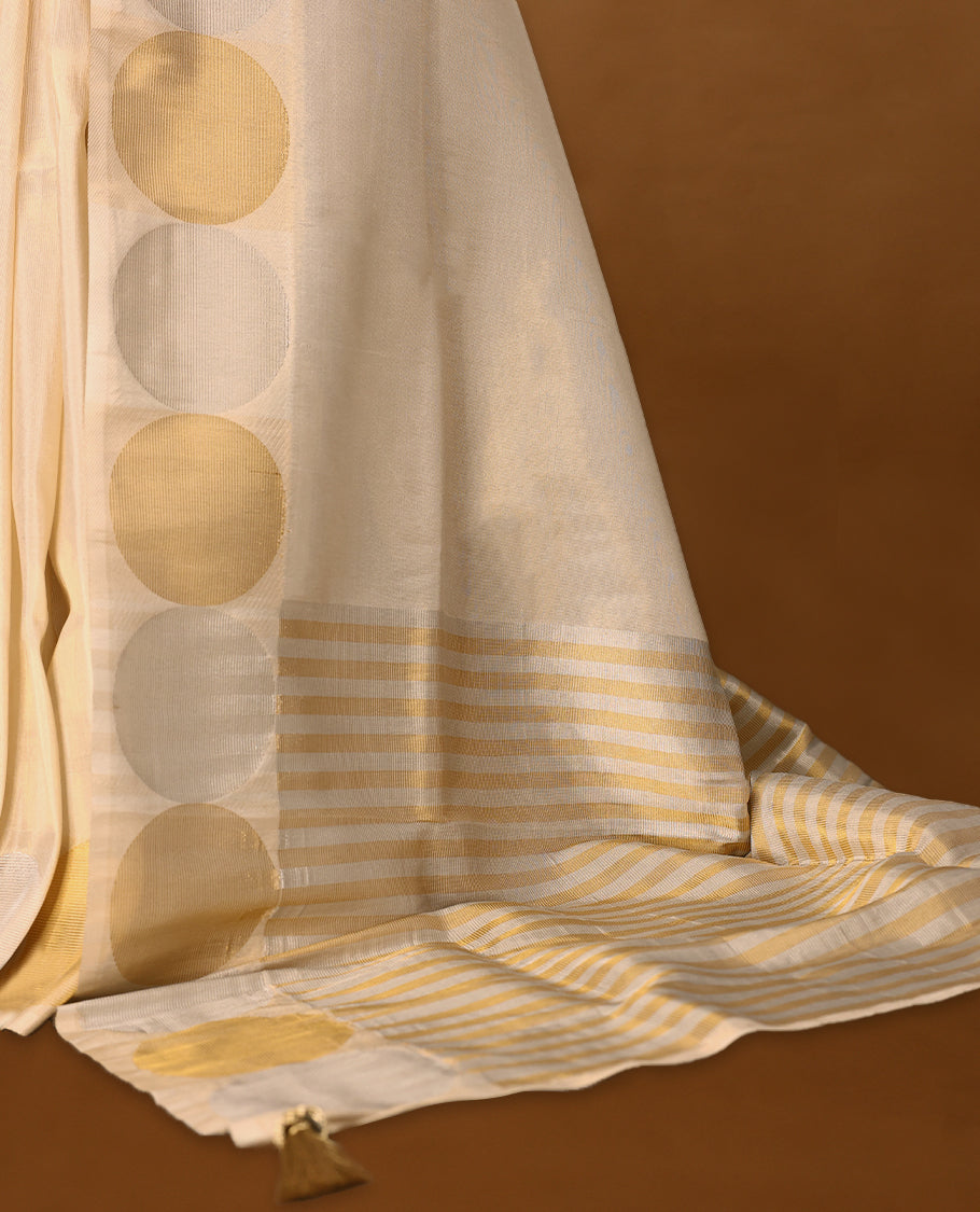 Ivory, gold and Silver soft tissue Kerala saree featuring a Plain Body, striking Circle border with a matching blouse