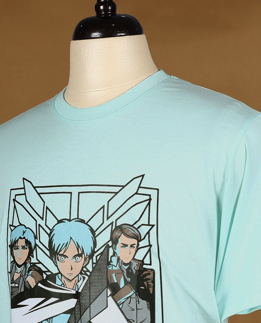 Aqua Blue colour men's T shirt featuring bold anime character print with Japanese text, made from soft fabric with half sleeves and a crew neck for a stylish and comfortable fit