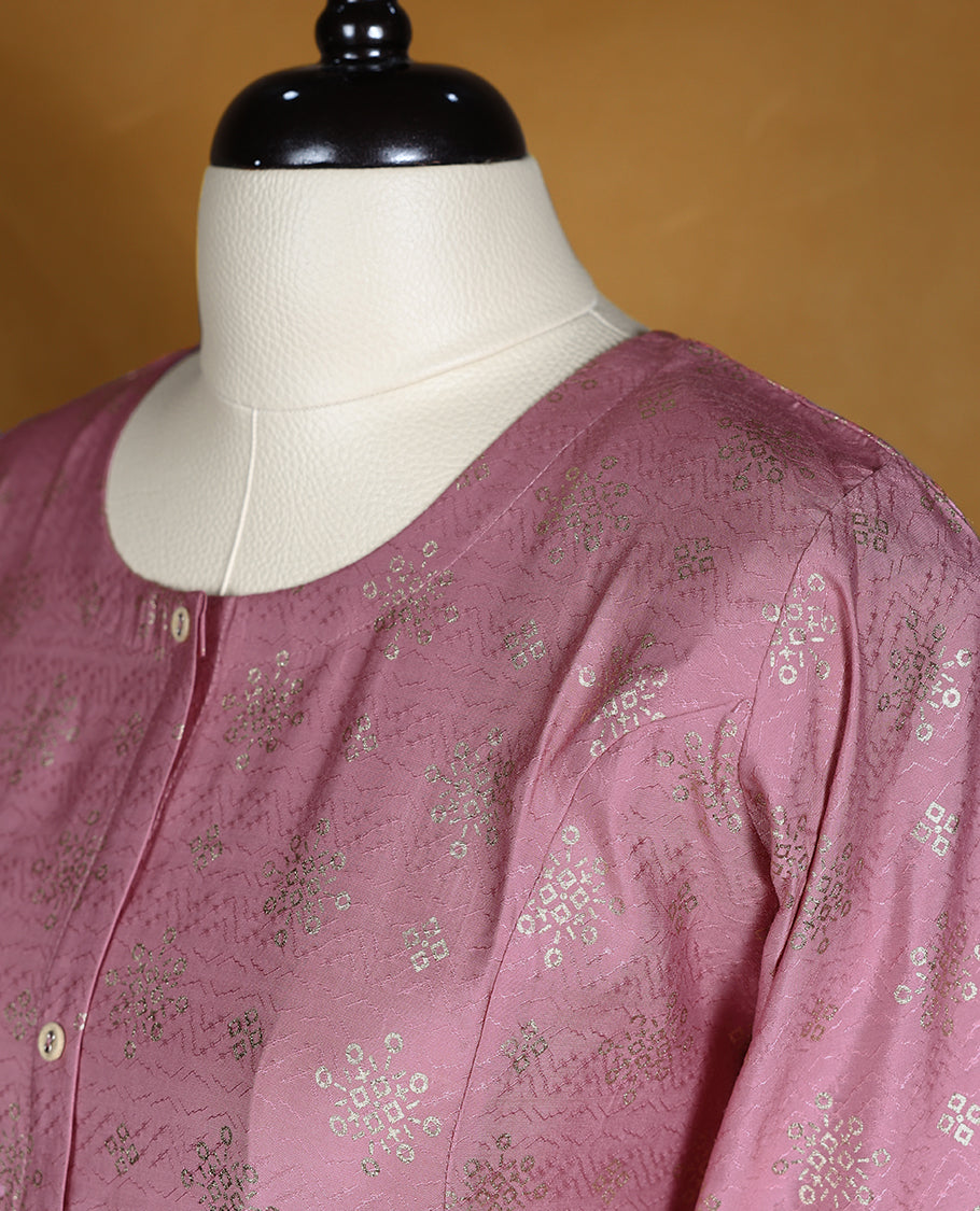 Dusty rose pink colour kurti from TWARA, featuring intricate golden foil print in a geometric floral pattern, finished with a round neckline and a button-down front placket.