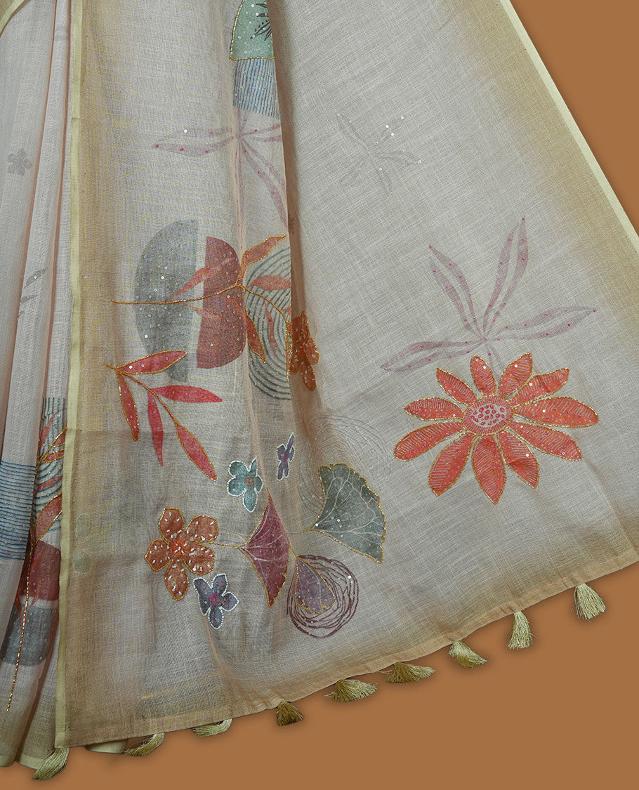 Cream colour linen silk saree featuring Light green colour fade border with floral beats pattern around floral print across body without border, pallu and matching blouse piece.
