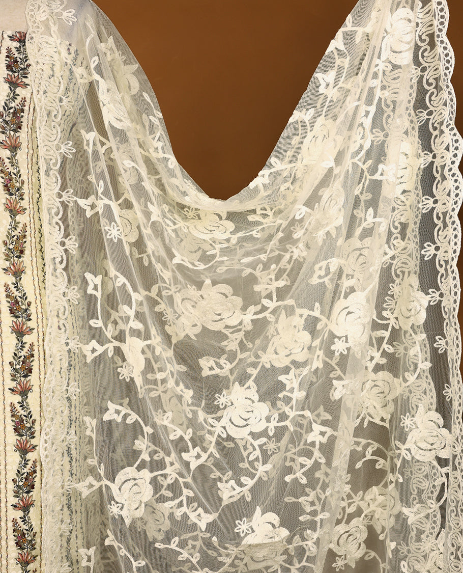 Cream Colour, Thread Worked Top having Dark Colour Prints with Bottom and Thread Worked Dupatta