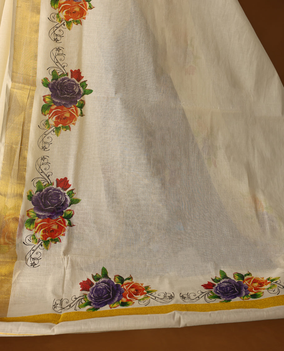 Elegant off white colour cotton Kerala saree with vibrant floral embroidery, golden zari border, and delicate pallu work, Perfect for festive occasions & paired with matching blouse for traditional events, or cultural celebrations.