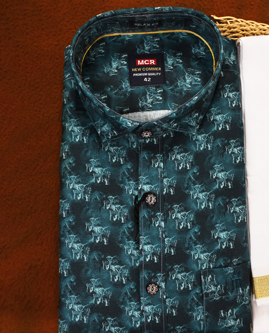 Deep teal green colour MCR full sleeve shirt featuring all over abstract prints, paired with a white dhoti adorned with a rich golden zari kara and a matching deep teal printed border.