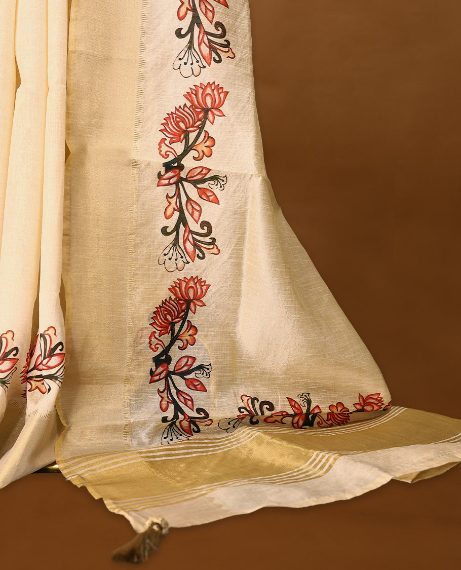 Ivory tussar Kerala saree adorned with intricate floral Digital Prints, complemented by a border, with matching Blouse