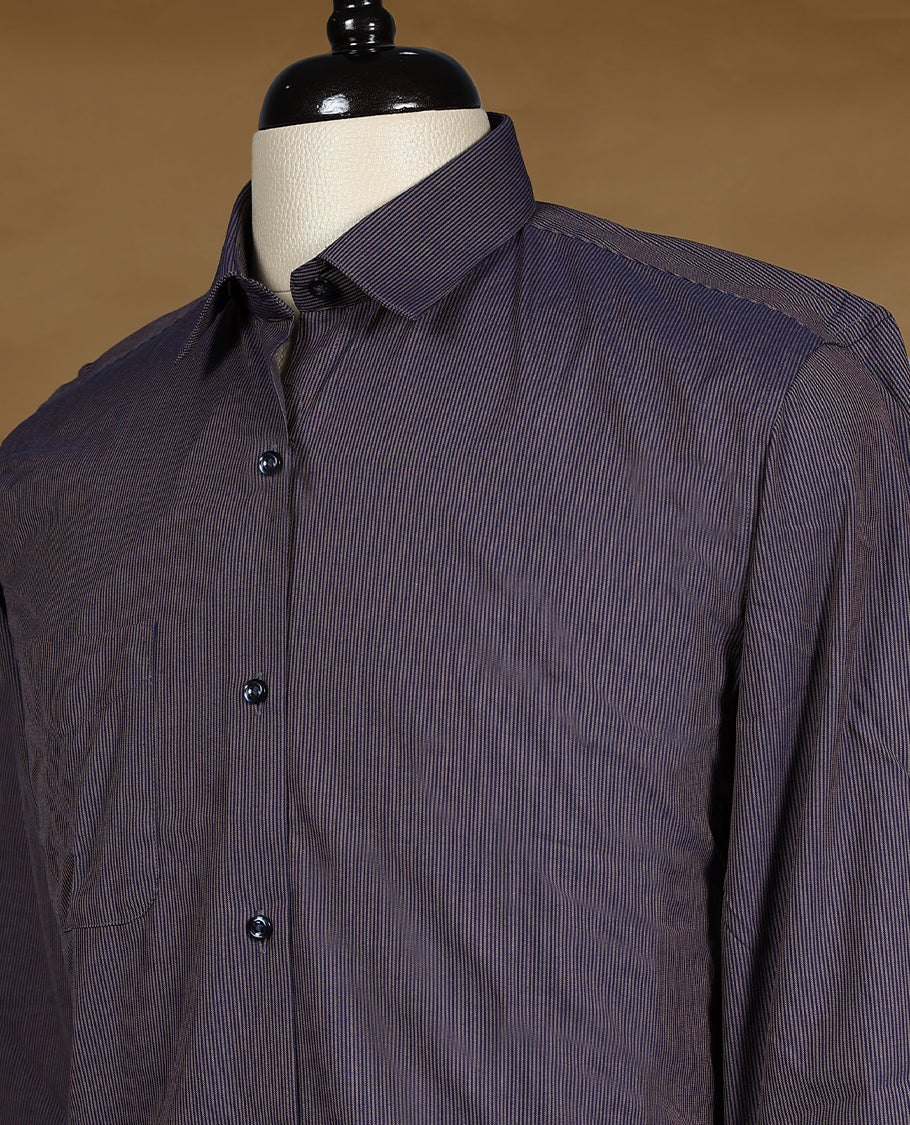 Blue and brown striped formal shirt by Peter England, crafted from breathable cotton with full sleeves, a classic collar, and button down front designed for a sharp and refined office ready look.