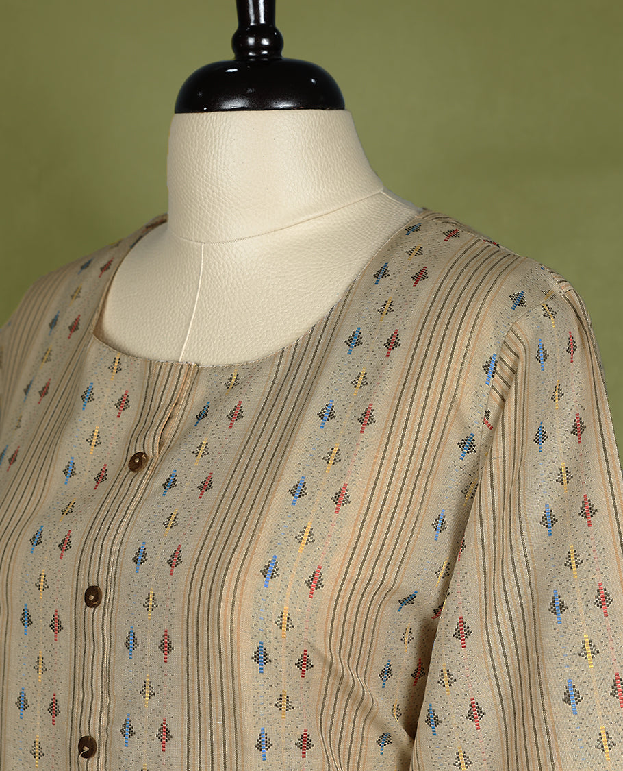 Dark beige coloured stylish kurthi with slit, featuring a round neck design adorned with digital prints and thread work, for women