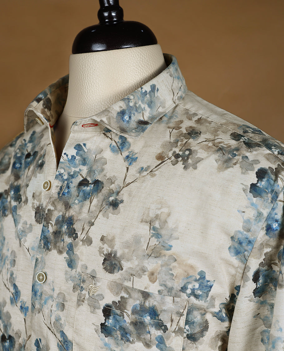 Beige with Blue Colour Floral Printed OCTANE Full Sleeve Slim Fit Shirt for Men