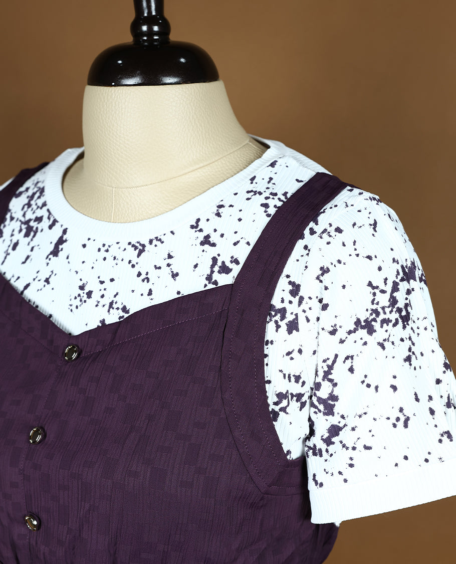 Dark Grape with White Colour Readymade Top For Women with Short Sleeves