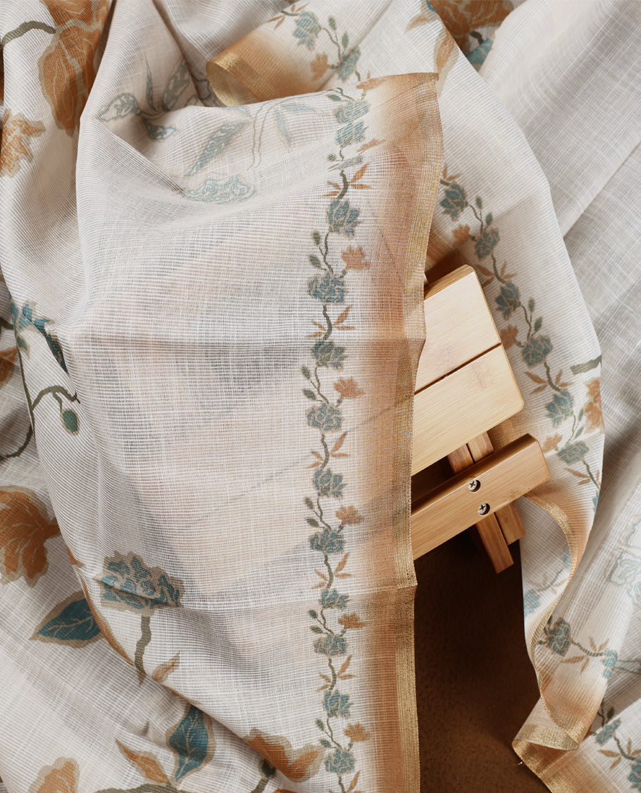 Beige & golden sand colour churidhar material with floral print enhanced by sewn glass beads on the body, paired with plain lavender bottom & floral print dupatta.