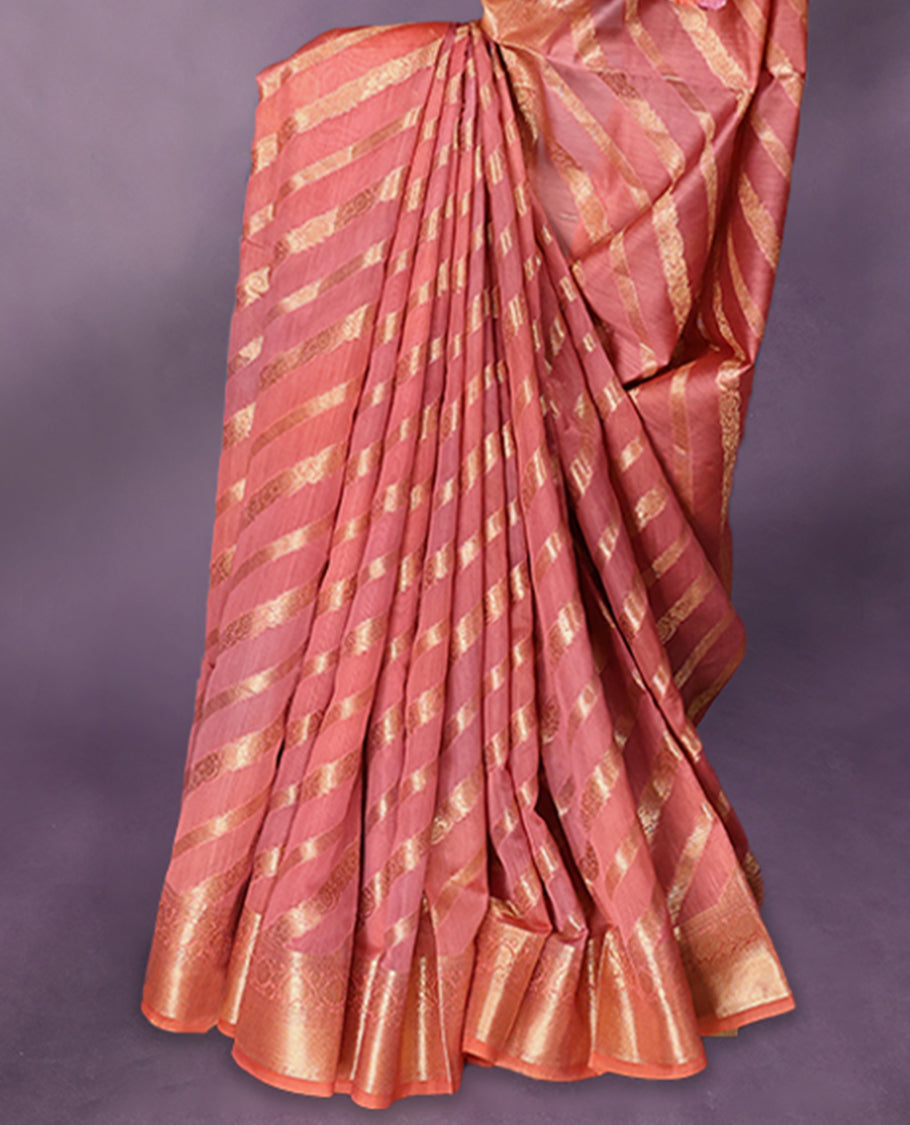 Onion Pink colour pure Banarasi Chanderi cotton, beautifully enhanced with hand-brushed colour and traditional antique zari Aada Design across the body, paired with traditional border and a matching blouse.