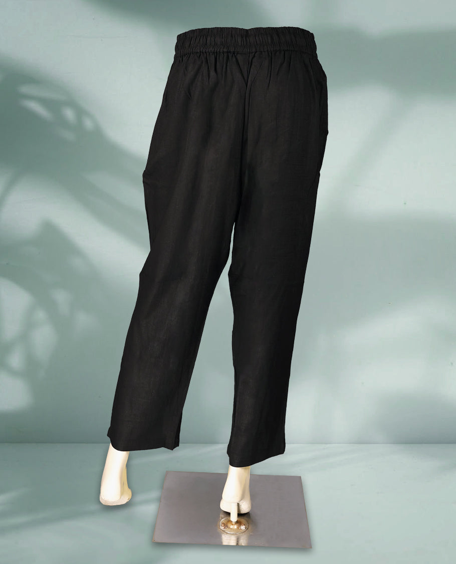 Black Colour women's casual pants feature a relaxed, ankle length silhouette with an elastic waistband and drawstring closure