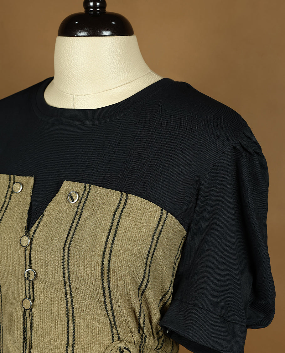 Khaki with Black Colour Readymade Top For Women with Short Sleeves