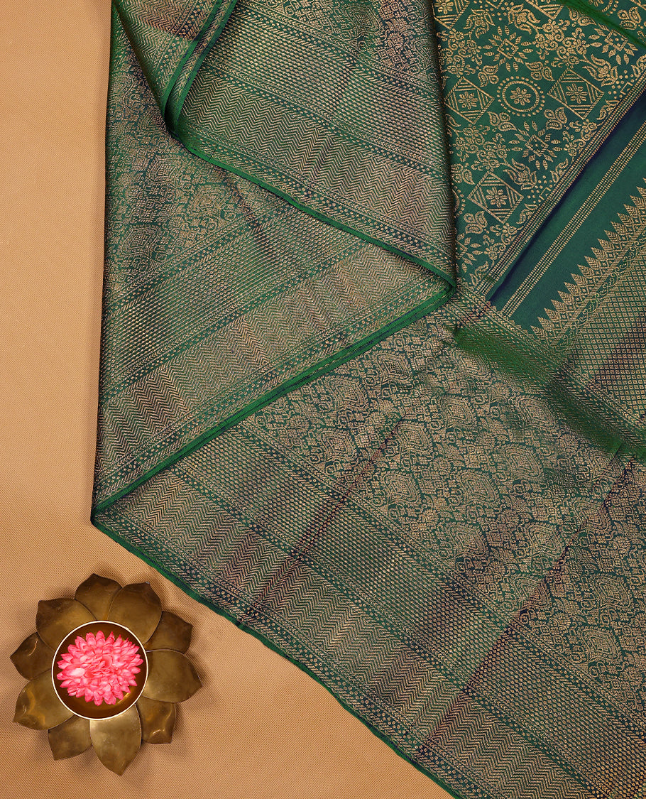 Peacock Green Colour Kancheepuram Wedding Silk Saree having Brocade Body and Border with Self Coloured Blouse