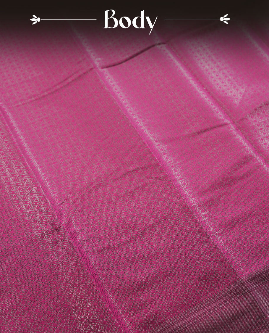 Magenta purple colour semi silk saree featuring neem zari Brocade geometric Pattern all over the body, complemented by a Self Colour woven border with detailing, Pallu & blouse.