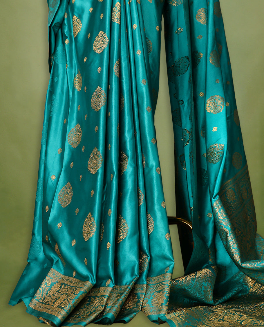 Light Blue Colour Semi Banarasi Saree having Golden Buttas in Body with Worked Border and Blouse