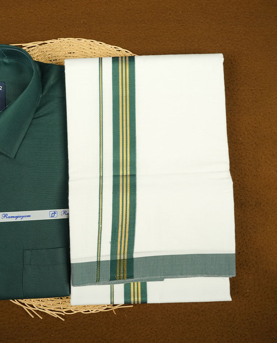 Dark Green Colour shirt paired with a matching dhoti, finished with a Dark green and gold border.