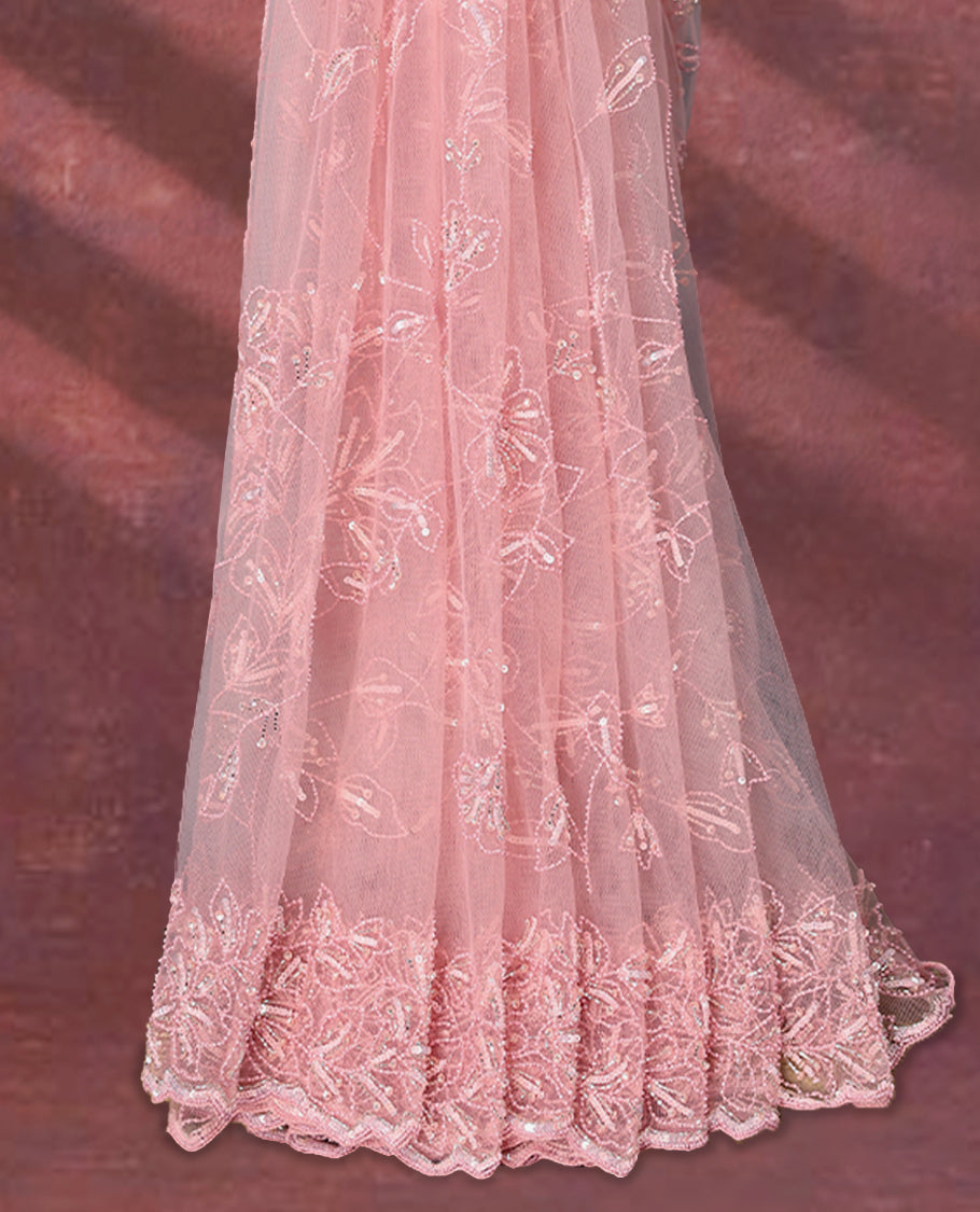 Light Pink colour net designer saree featuring beads and sequin floral kodi detailing on the body, adorned with beads and sequin worked floral kodi scallop border, paired with a matching worked blouse