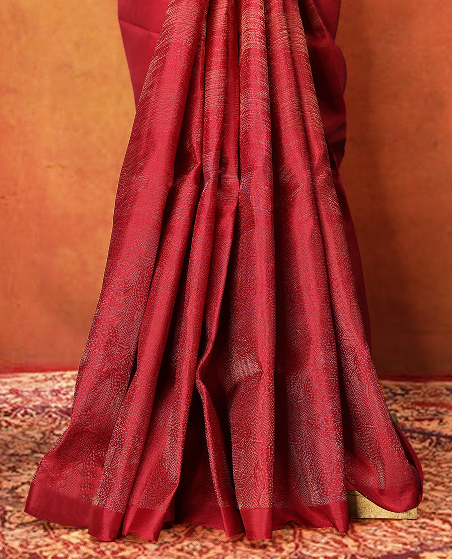 Deep Red Colour pure Mayuri silk saree featuring intricate gold Zari woven patterns across the body, highlighted with a rich woven border, with matching blouse