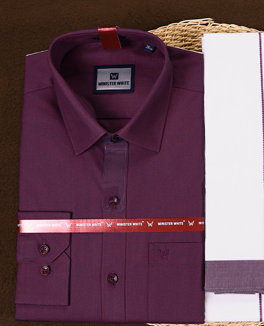 Grape colour full sleeve shirt and white dhoti set featuring a rich Grape woven border crafted for a bold and traditional look ideal for festive and special occasions