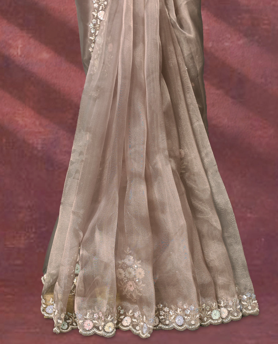 Pastel taupe colour pure organza saree featuring all over floral sequin work, adorned with a matching intricately worked floral border, complemented by a richly embellished pallu and paired with a heavily worked matching blouse.