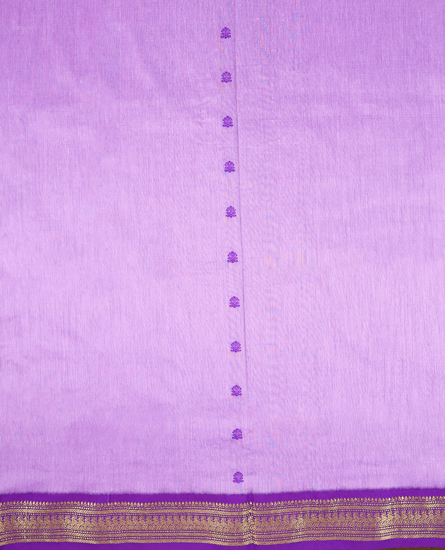 Lavender colour mixed Kalyani cotton saree featuring Purple zari motifs throughout the body, paired with Purple colour traditional border and pallu, with matching blouse