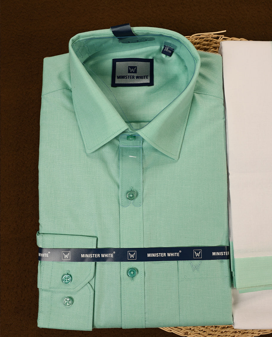 Pista Colour full sleeve shirt and white dhoti set featuring a coordinated Pista Green zari border designed for a stylish and traditional look ideal for festive and cultural occasions