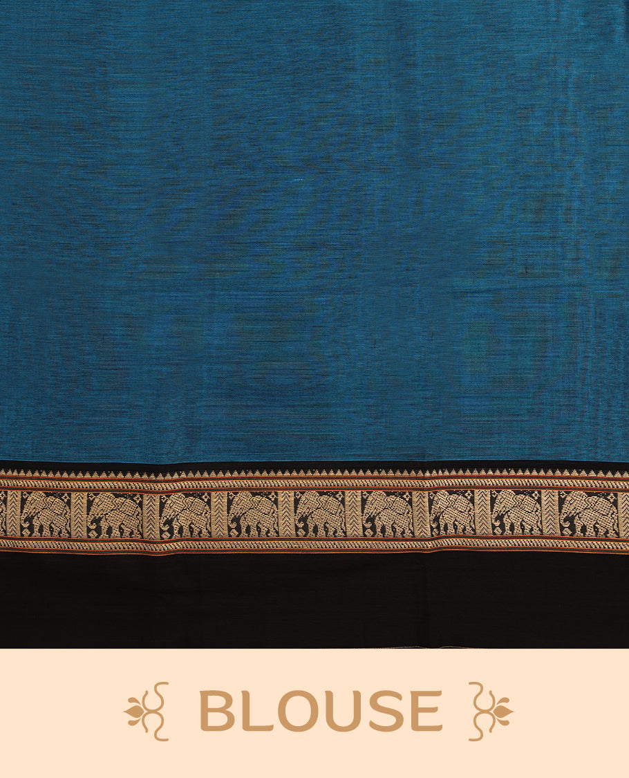 Blue Colour Mixed Chettinad Cotton Saree having Plain Body with Contrast Border and Self Coloured Blouse