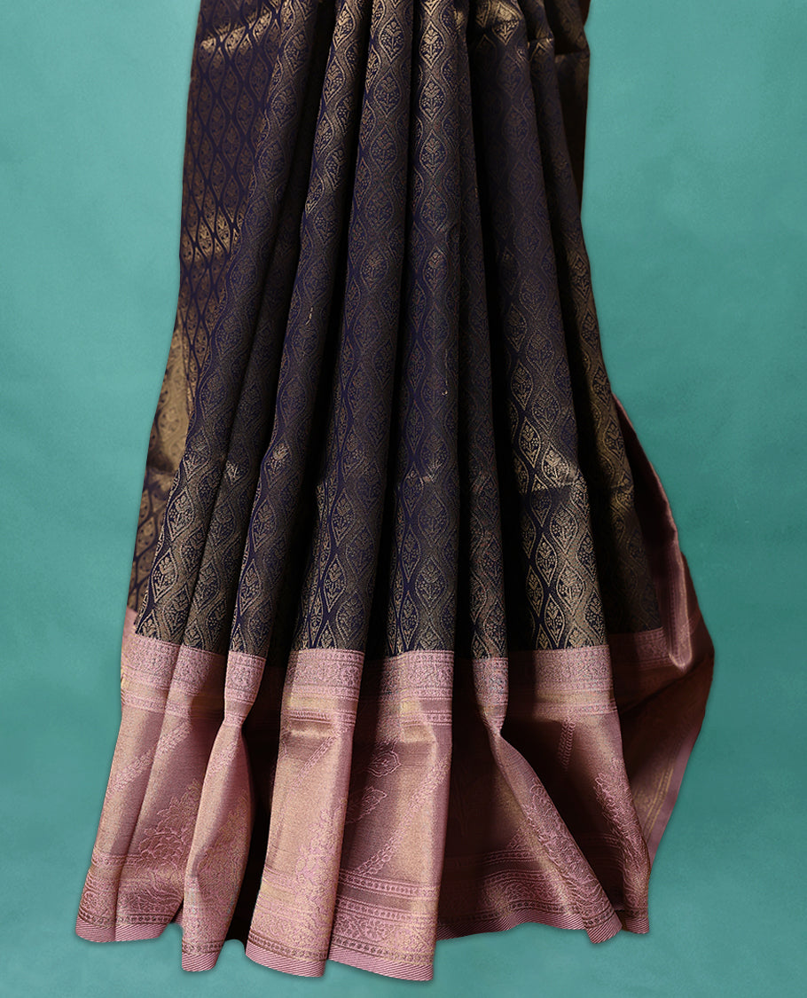 Navy Blue coloured semi silk saree featuring a Golden Brocade body, paired with a Pastel Pink coloured border and matching blouse.