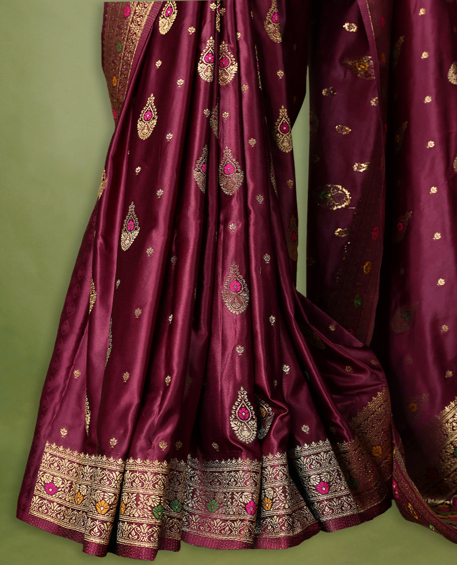 Royal Maroon Colour Semi Banarasi Saree having Golden Buttas in Body with Worked Border and Blouse